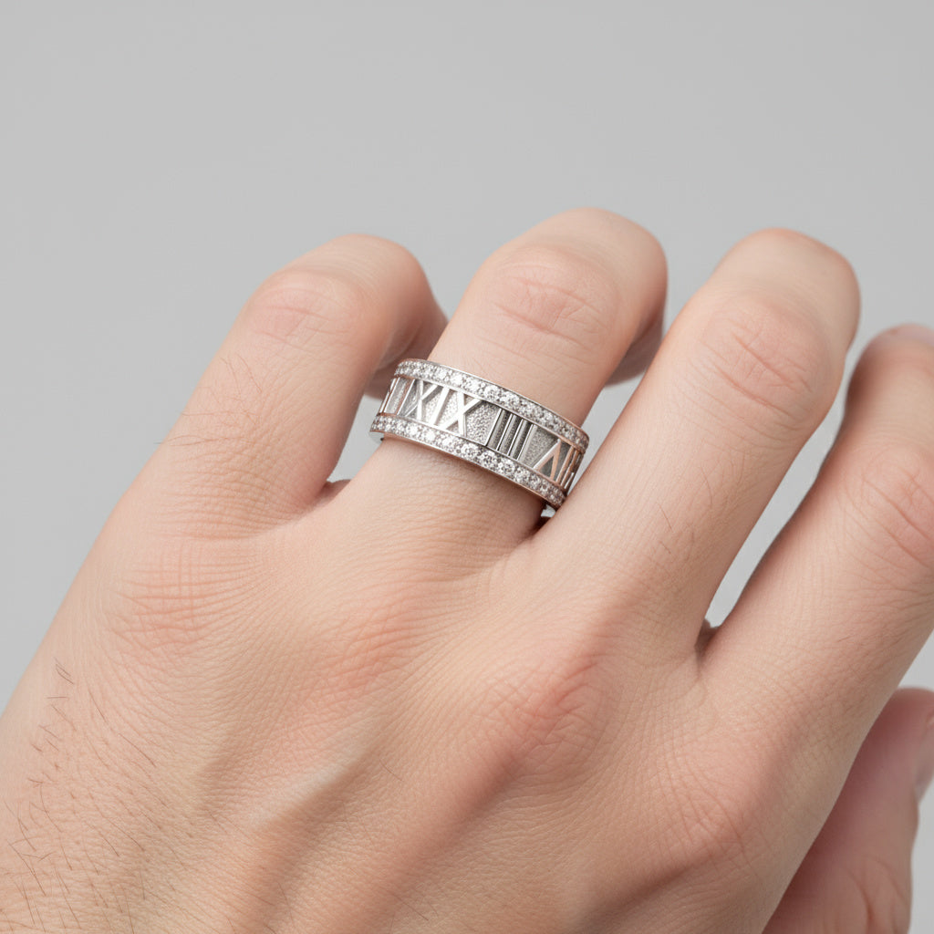Roman Numeral Ring with Diamond Edges in White Gold | Custom Ring
